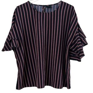Worthington Women’s Blouse Flutter Sleeves Relax Fit Black Pink Stripes Size 0X